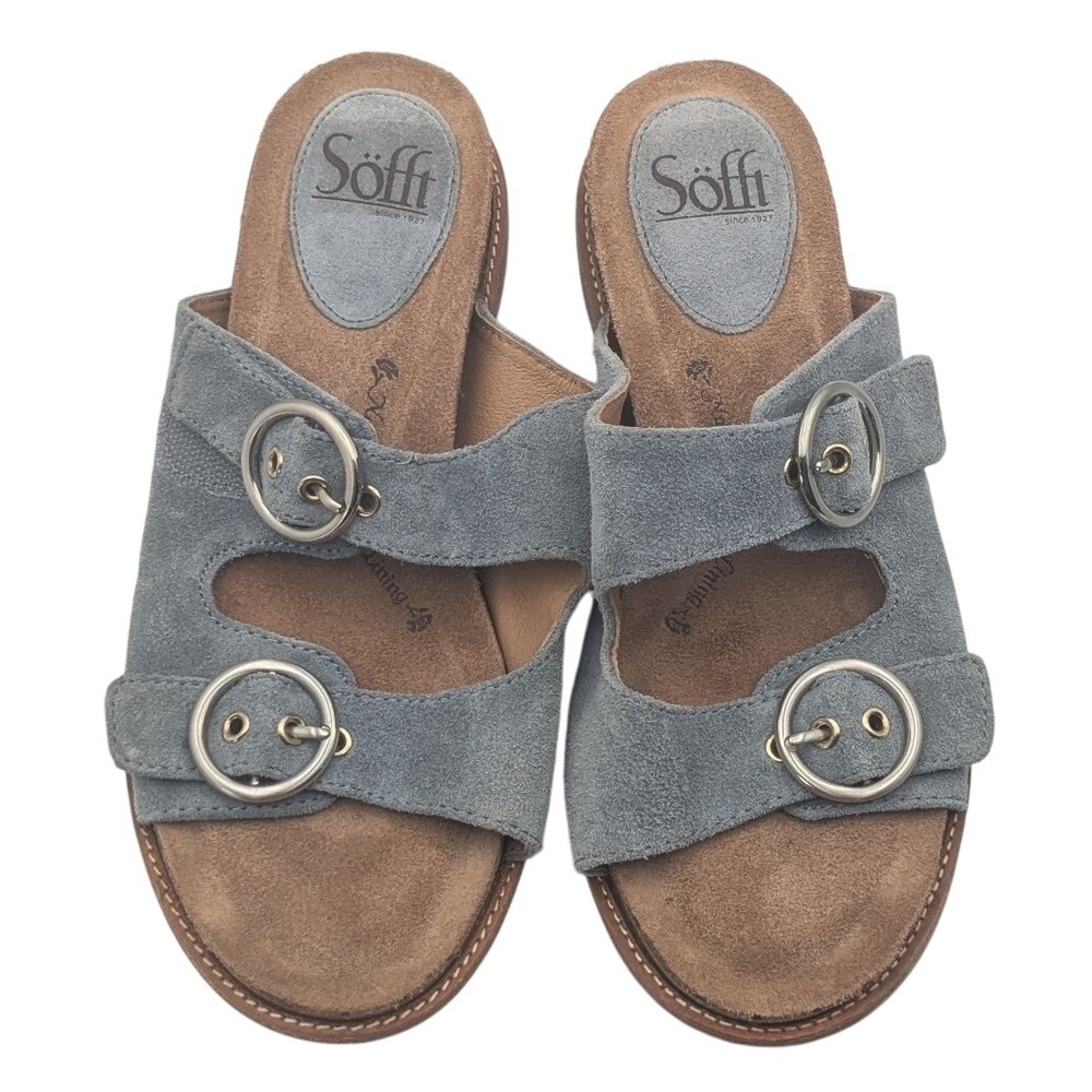 Sofft Women's Blue Suede Leather Double Buckle Slip On Slide‎ Sandals Women's 7M